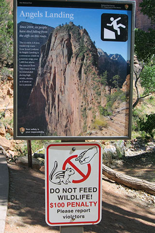 a warning sign of the dangers fo the Angels Landing route