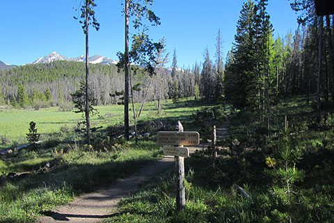 Trail sign after leaving Onahu Trailhead. Meadow stands behind the trail