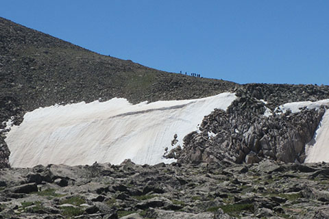 Climbers on the west slope of Hallett Peak.