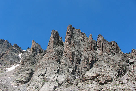 The rocky towers to the north of Sky Pond
