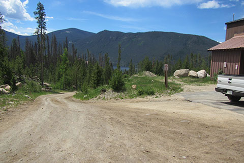 View from top of the hill on Rd 663 to Grand Lake with Shadow Mountain in the background
